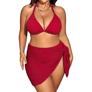 Women's Plus Size 3 Piece Bikini Sets Tie Backless Halter Triangle Swimsuit Bathing Suit Cover Up Beach Skirts