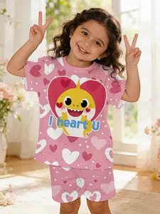 Love Little Shark Baby Girl Set with Digital Printing - 100% Polyester Baby Short-sleeve Set, a lovely casual outfit for baby girls, Baby Clothing, suitable for daily wear and outdoor sports as a T-shirt, a perfect gift for babies.