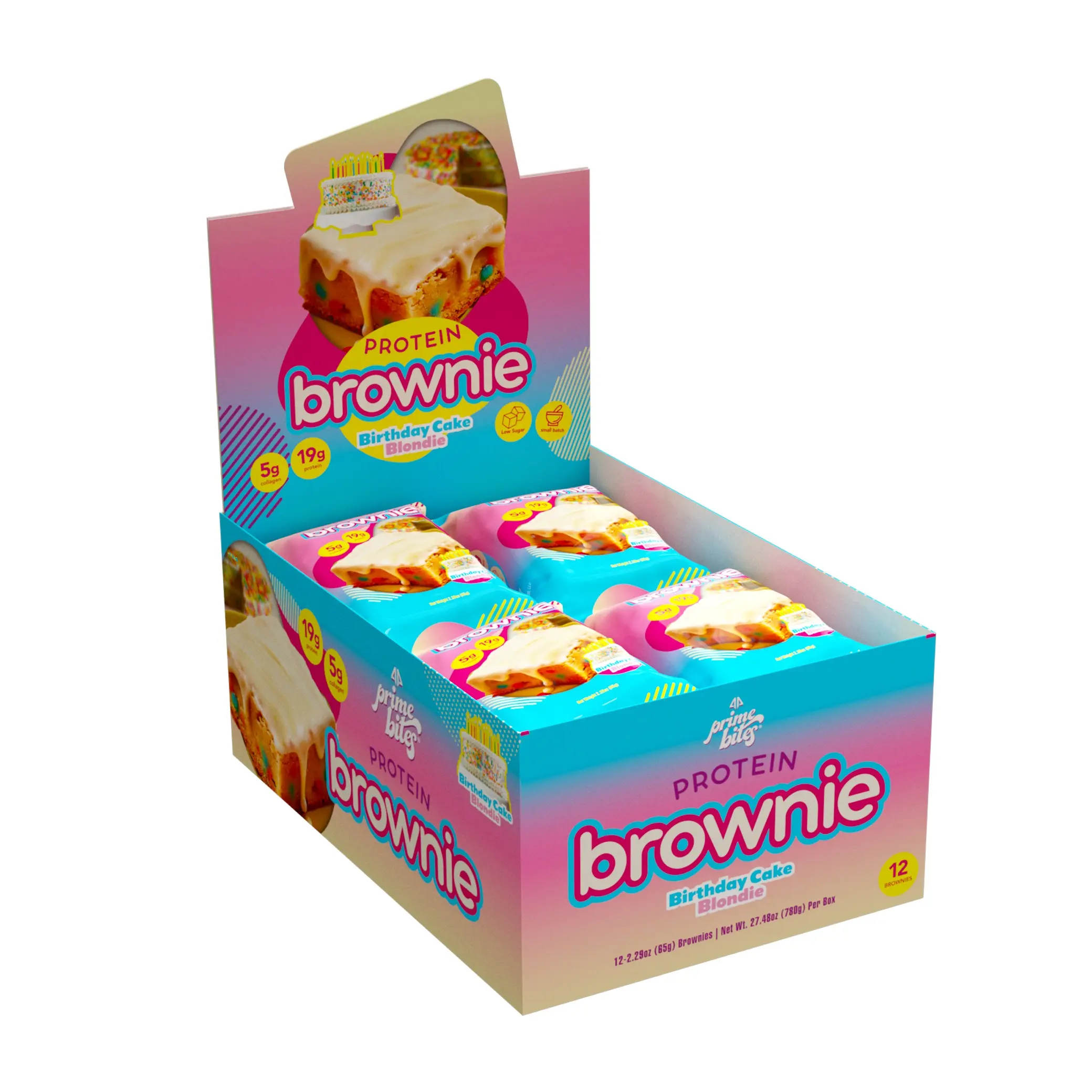 Prime Bites Protein Brownie Snack - Birthday Cake Blondie Flavor, 19g Protein, 12-Pack