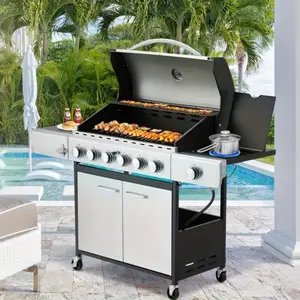 6-Burner Portable Propane Gas Grill with Storage Cabinet, 58, 000 BTU BBQ Grill for Garden, Picnic
