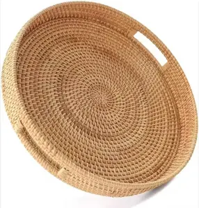 Hand Woven Basket Tray - Rattan Serving Tray with Handles, Round Breakfast Organizer, Home Decor Accent