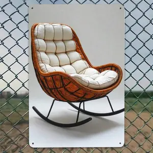 Tin Metal Sign Stylish Wicker Rocking Chair Cushion Handcrafted Comfort Relaxing Living Rooms Nurseries Patios Unique Design Durable Wall Decor Distressed Metal Sign Vintage Home Decor