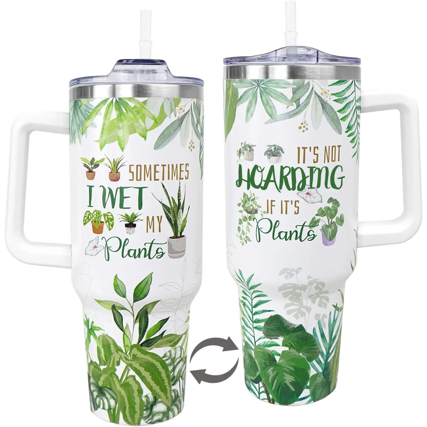 40 Oz Stainless Steel Portable Insulated Printed Plant Tumbler - Kitchenware Drinkware Vacuum Flask with Handle, Straw, Lid, Mug Design - Coffee, Tea Bottle, Ideal Gift for Plant Lovers