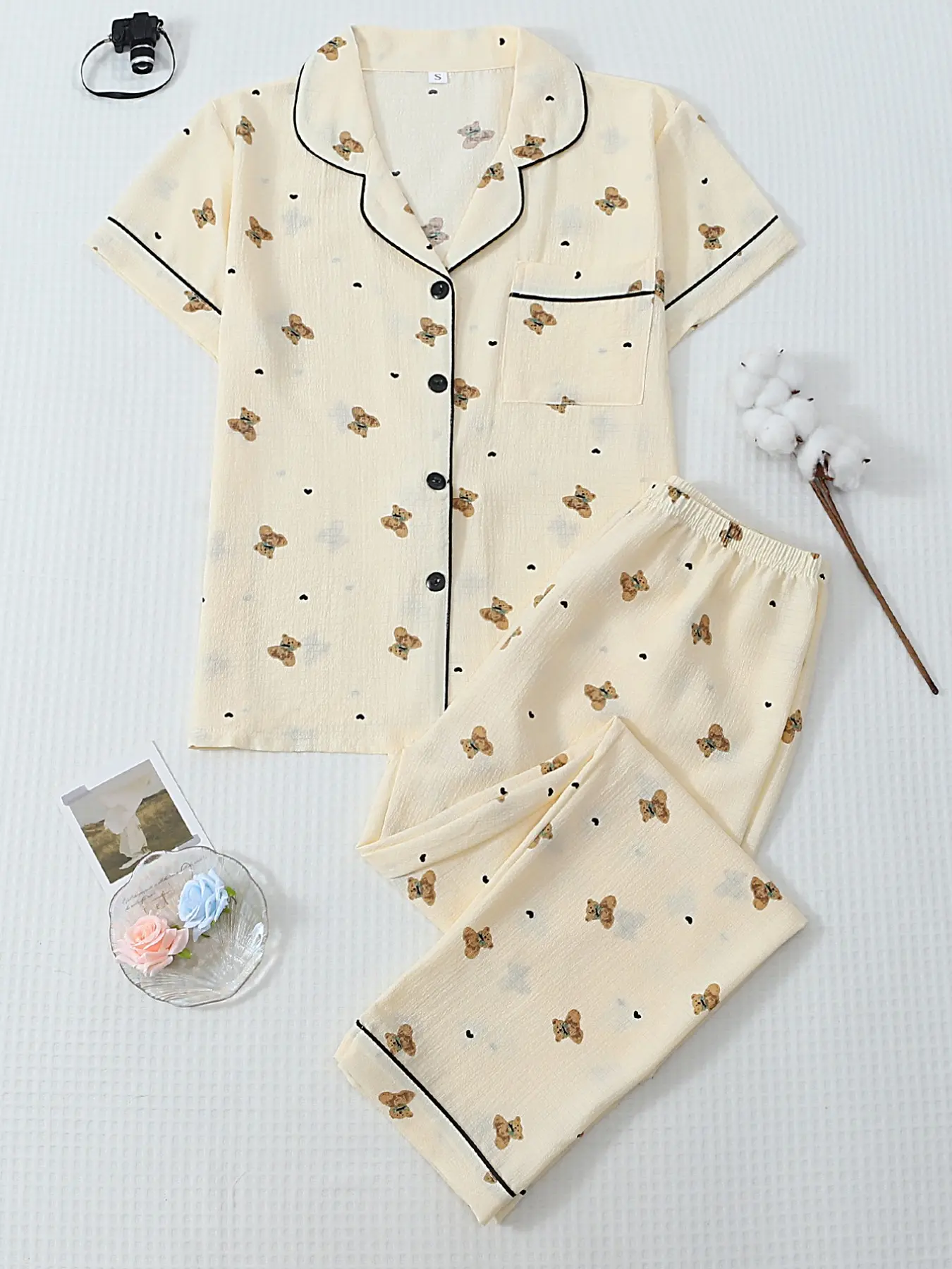 Bear Pattern Pajama Set, Comfortable Soft Short Sleeve Top, Casual Long Sleeve Pants High Sleepwear, All Seasons