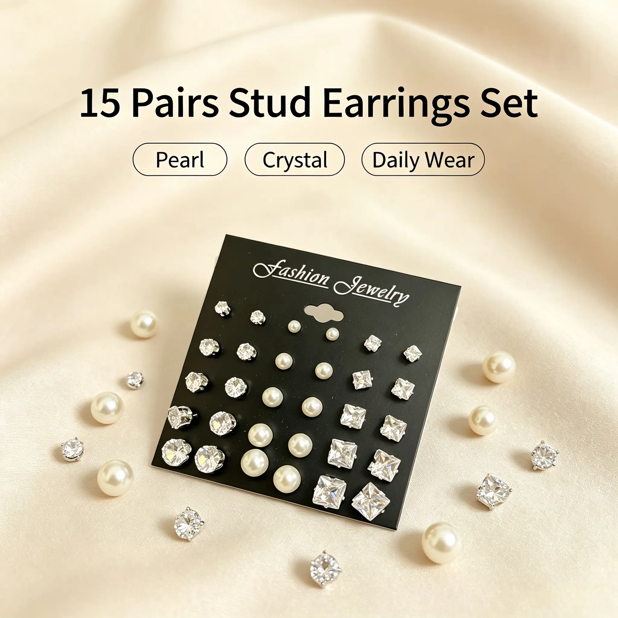 Women's 15-Pair Hypoallergenic Stud Earrings Set - Pearl, Cubic Zirconia, Multi-Size Square & Round Crystal Earrings, Fashion Daily Wear Jewelry Gift