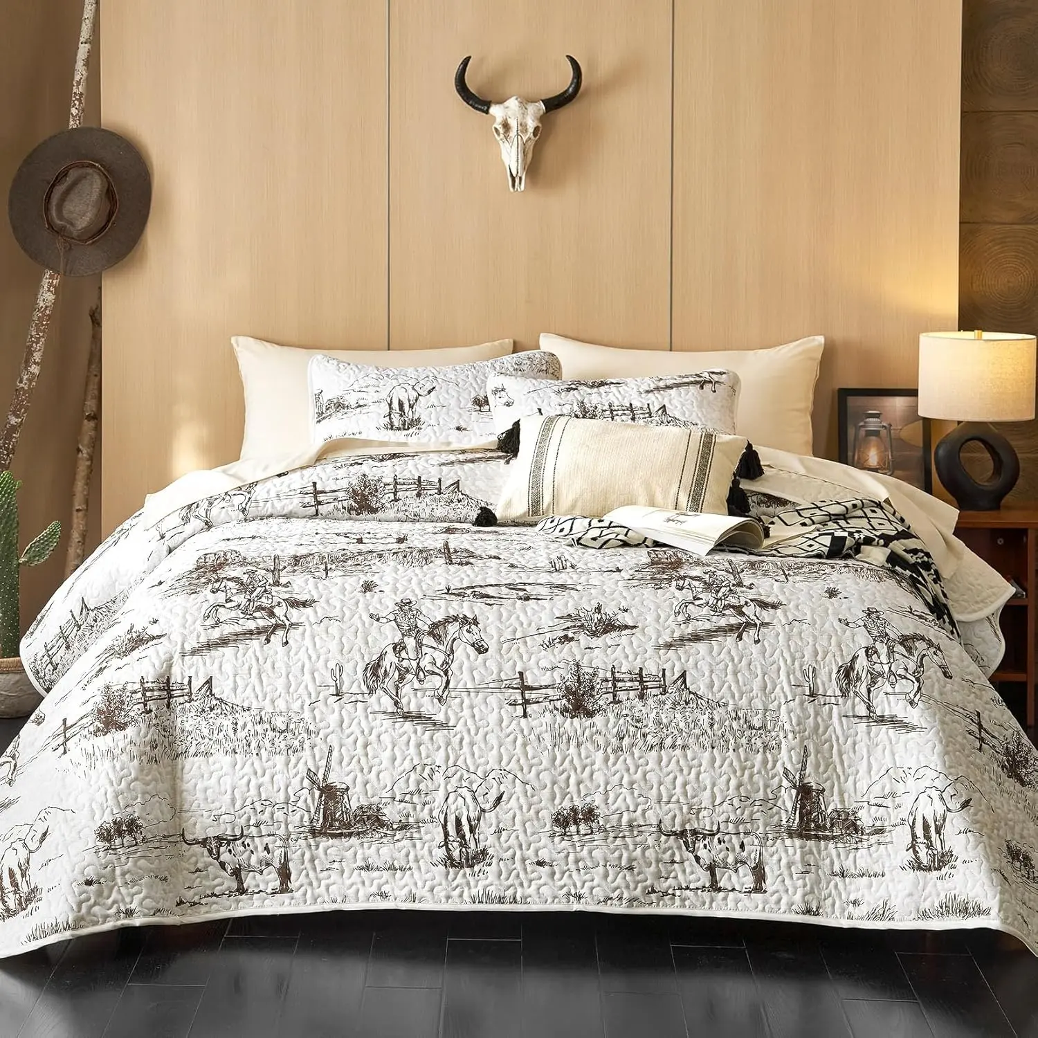 - Western Quilt Set, Cowboy Southwestern Country Vtage   Rustic Ranch Life, Reversible Lightweight Bedspread Coverlet, 3 count, Beige Brown, Tw/Tw XL Size