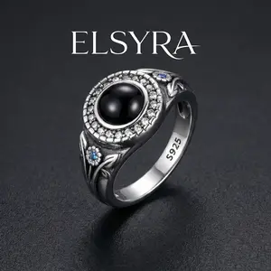 Elsyra S925 Sterling Silver Vintage Black Onyx Ring for Women,"Midnight Bloom" Vintage Floral Engraved Halo Ring with Blue Accents, Antique Gothic Statement Jewelry Gift,Silver Floral Band, Elegant Victorian, Dark Academia