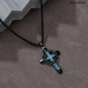 Turquoise Cross Necklace for Men – Thorn Crown Cross Pendant Religious Jewelry