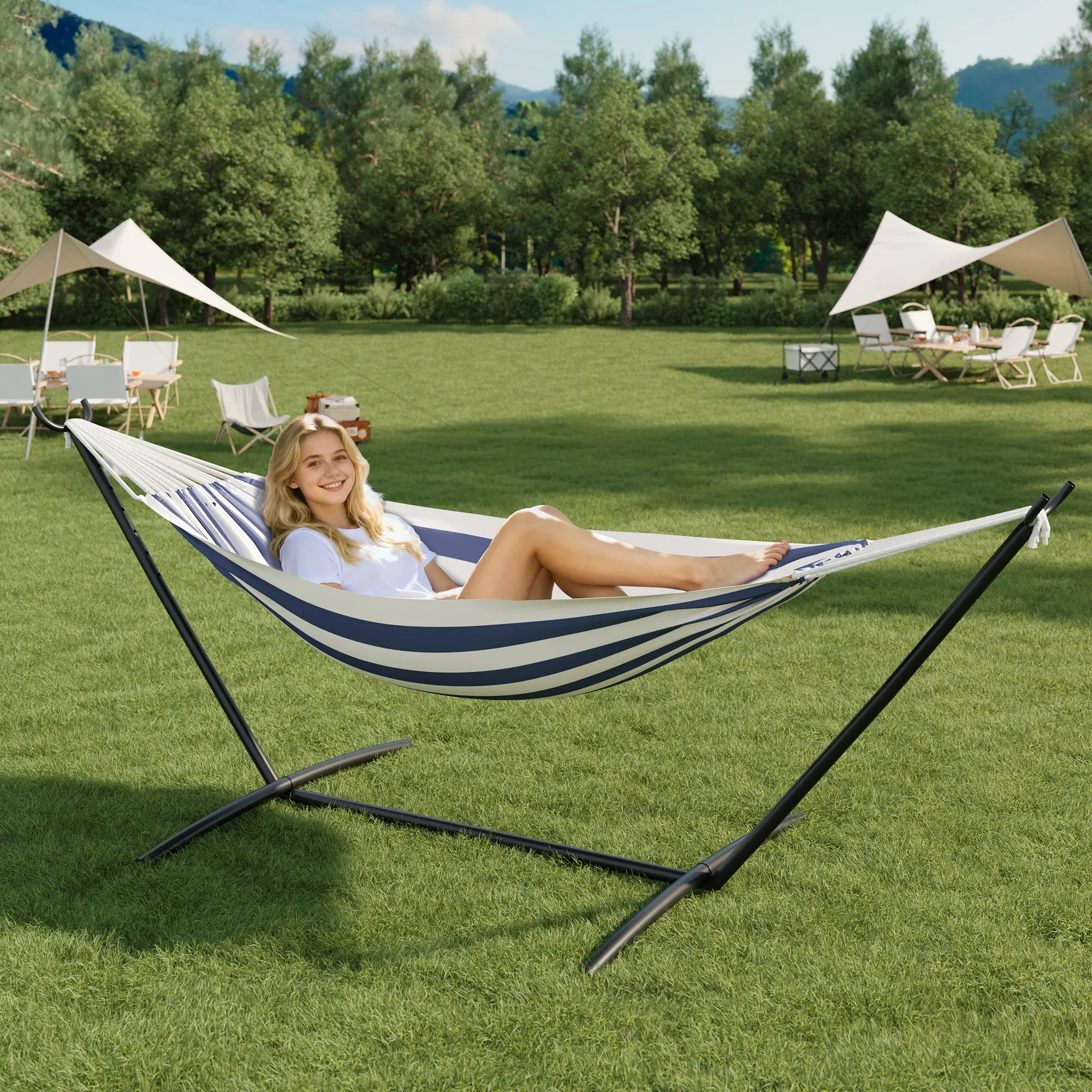 Double Hammock with Stand for 2 Person, Outdoor Freestanding Hammock 475lb Capacity Heavy Duty Steel Frame, Pillow & Carry Bag, Easy Assembly, Dark Gray, Polyester, Oversized, Quilted