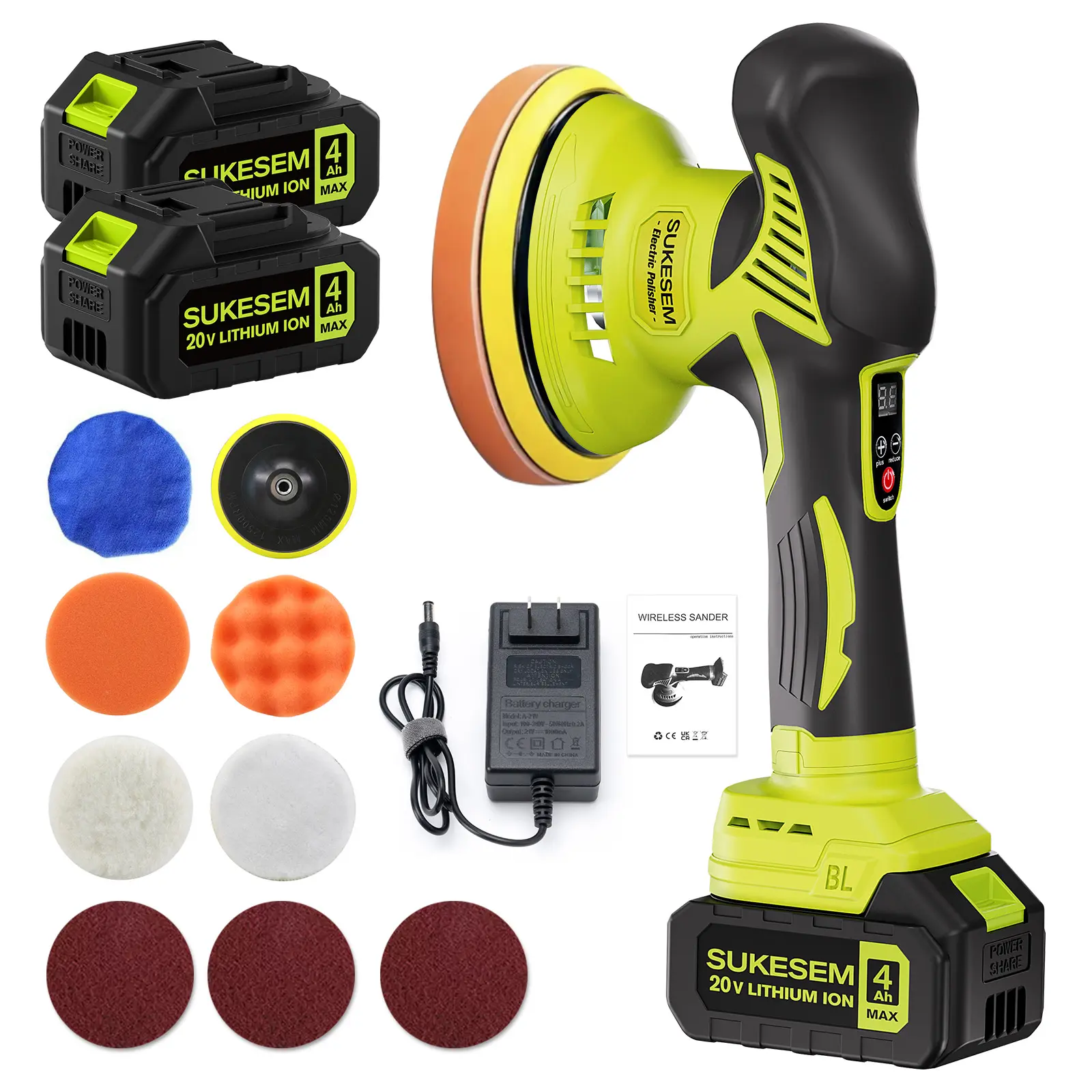 SUKESEM Wireless Polisher Set - 20V Cordless Car Buffer Polishing Machine, Electric Car Waxer with Adjustable Speeds, 12 Pads Set for Vehicle Detailing and Surface Maintenance
