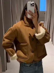 Reversible Suede Jacket Women's jacket autumn winter button teddy fleece jacket Vintage long sleeve outerwears warm Large pockets coat Street Style Casual Outdoor Jacket Fuzzy Jacket