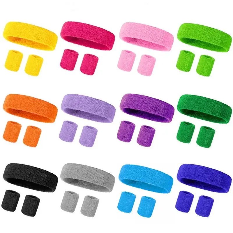 New Athletic Sweatband Hairband Headband Wristband Set in 3-Pack Cotton Head Sweat Bands for Running, Cycling, Yoga, Spa