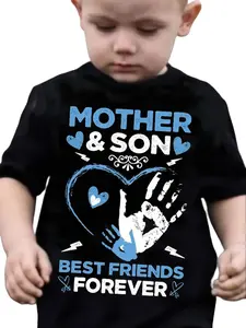 Boys' Cotton Fitted Regular-Sleeve Graphic Print Tee - Mom & Son Slogan Graphic Shirt, Comfortable Top for Mother’s Day, Summer