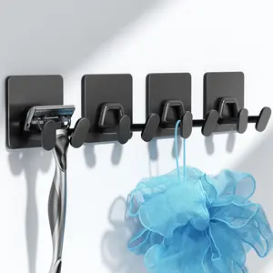 Shower Hooks for Inside Shower - Extra Sticky Stainless, Razor Holder Shower Accessories, Wall Mounted Self-Adhesive Double Hooks for Razor, Loofah, Towel, Shaver, Coat, Key, Matt Black, 4-Pack