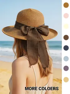 1PC fashionable women's braided straw sun hat decorated with a bow, available in multiple colors. A large-brimmed, breathable and sun-protective beach hat suitable for summer seaside and beach vacation outings and casual wear. It is suitable as a gift.