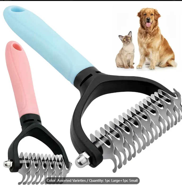2pc Stainless Steel Metal Dog & Cat Deshedding Brush - Double-Sided, Wide Teeth Undercoat Rake, Ergonomic Grip, Skin-Friendly Design, Home Grooming Tool for Long Thick Hair Matting & Tangle Removal