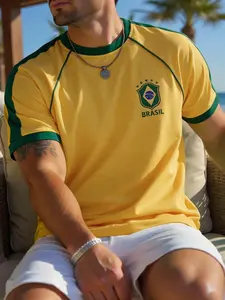 Brazil National Team Badge Men's Shoulder Pad Casual T-Shirt, Sport Fan Leisure Top, Football Match & Beach Wear