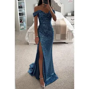 2025NewPartySequinOff-ShoulderSlitDressWomenswearFormalballgowndressweddingguestdressesCasualChic