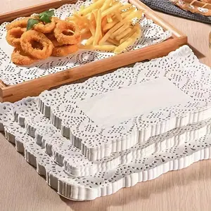 140pcs/set， Rectangular Lace Pad Paper Barbecue Oil-absorbing Paper Pad Plate Cake Pizza Pad Paper Household Kitchen Paper French Fries Fried Chicken Paper