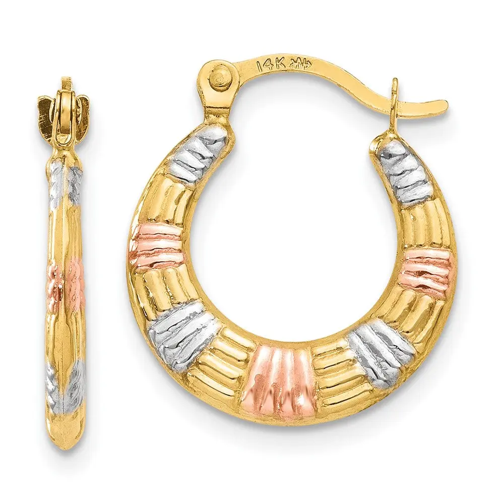 14k Yellow & Rhodium 14 mm  Hollow Textured Hoop Earrings (0.52 grams)