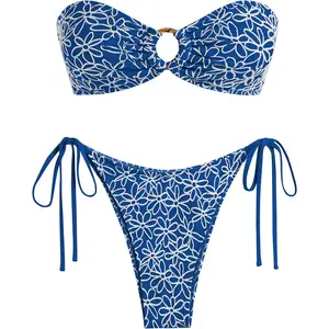 Women's Bandeau Bikini Strapless O Ring Lace Tie Back High Cut Two Piece Swimsuit Bathing Suits