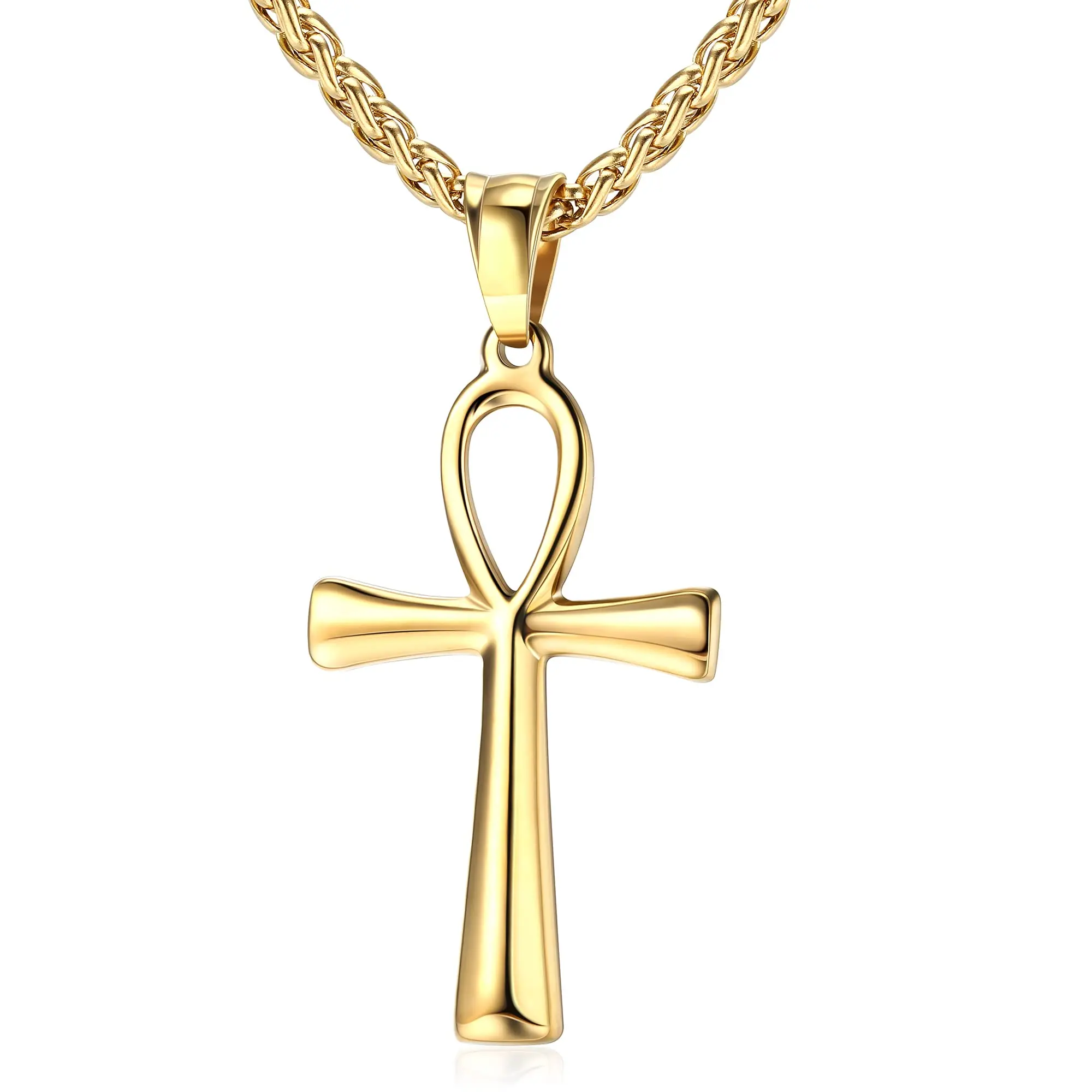 Ankh Cross Religious Pendant Necklace,18K Gold Plated/Black Plated/Stainless Steel  Egypt Amulet Necklace,22+2 Inch Chain