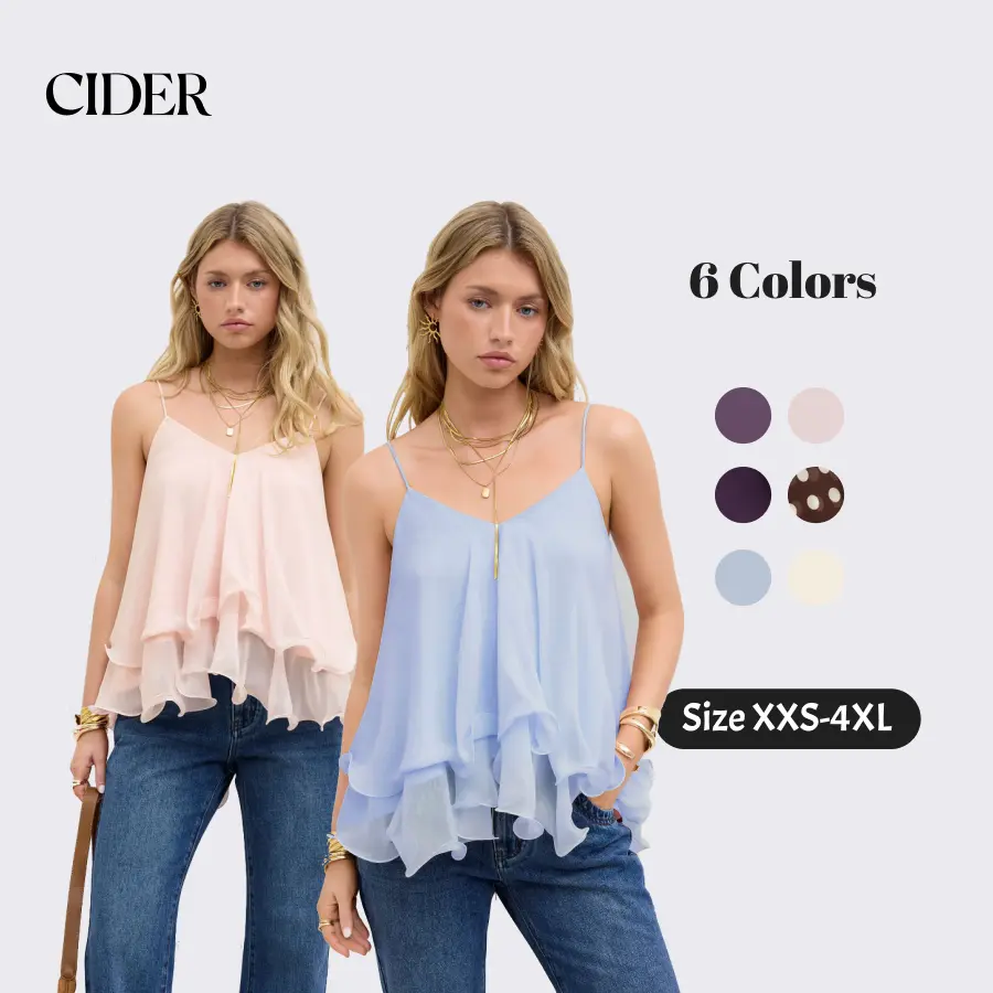 Cider Ruffle Hem Knotted Layered Mesh Cami Top, Cute Vocation Top for Spring Summer, Mid Size Fairy Top for Beach Fashion Spaghetti Strap