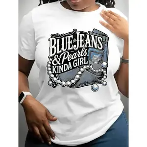 Women's Blue Jeans and Pearls Graphic T-Shirt Cotton Short Sleeve Round Neck Top with Geometric Design for Spring Summer Everyday Comfort Relaxed Fit Casual Wear