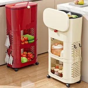 Three-Layer Kitchen Trash Can with Storage Rack, Large Capacity Home Garbage Bin with Lid, No Bending Required, High-Height Mobile Multi-Functional Organizer, Household Waste Bin