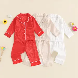 Baby Girl Boy Silk Pajamas Set Solid Long Sleeve Button Down Shirts Tops and Pants Satin Kids Matching Lounge Set