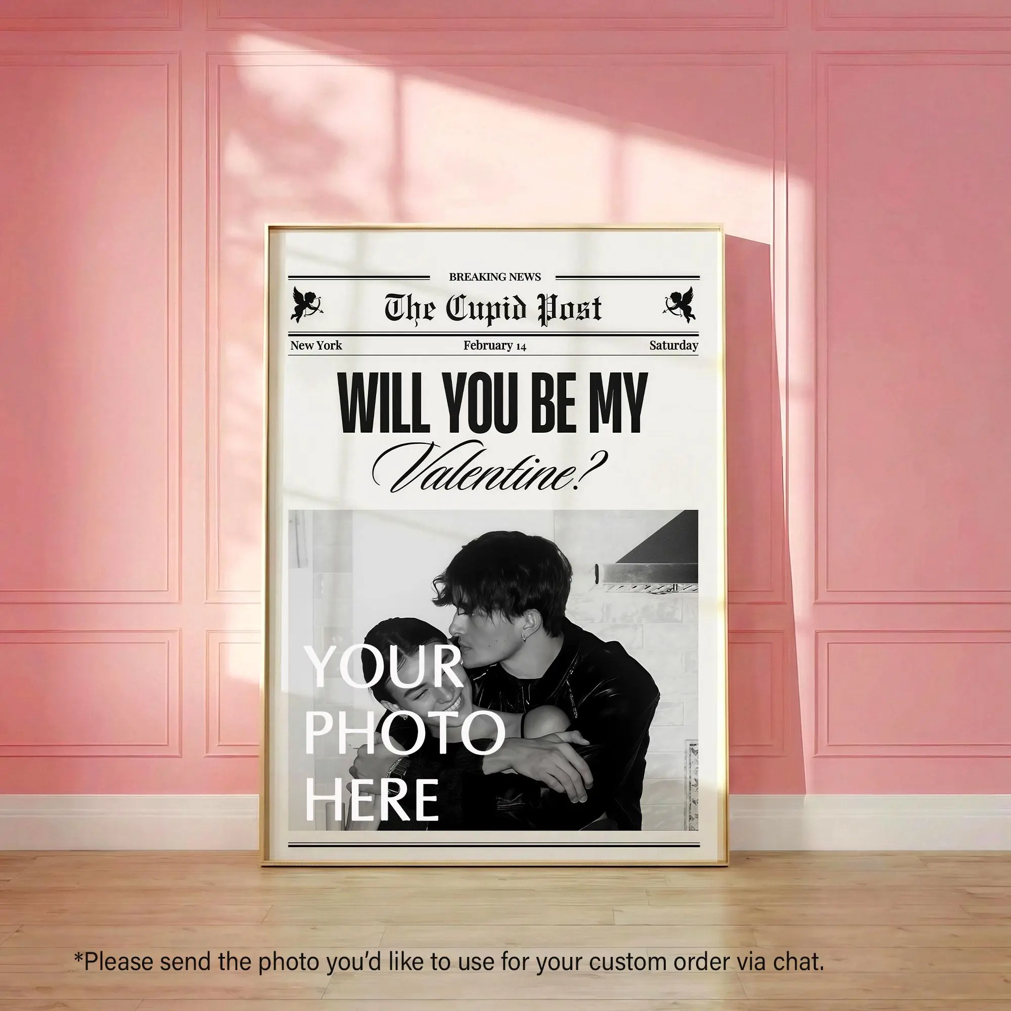 CUSTOM Valentines Day Couple Newspaper Poster, Personalized Couple Photo Print, Will You Be My Valentine Wall Art, Romantic Gift for Her, Him, Lover Room Decor