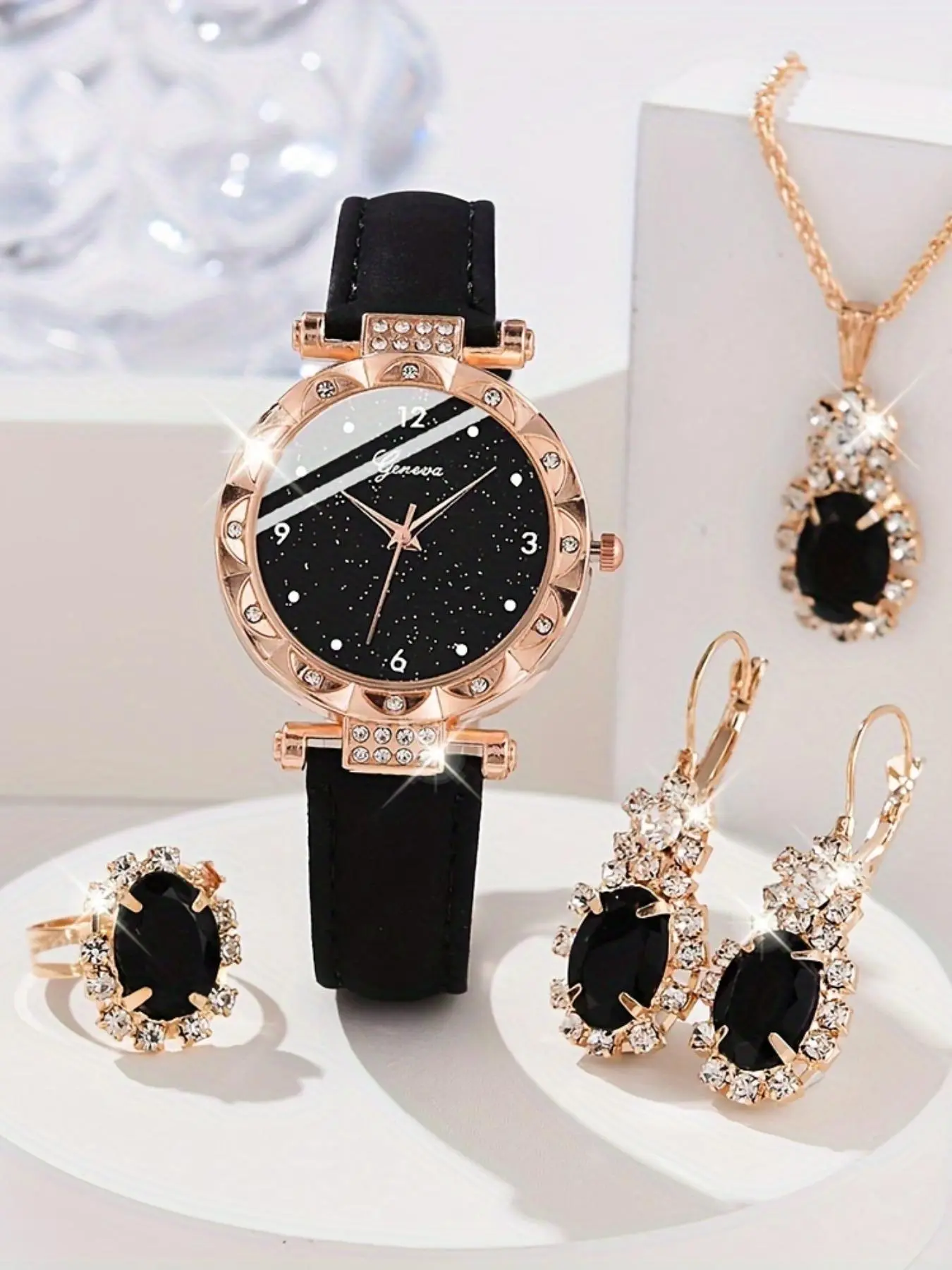 Ladies' fashion diamond-encrusted starry sky quartz watch, elegant matte finish, exclusive luxury leather strap set, Exquisite Watch Set, Starry Dial, Trendy Exquisite Watch, Fashionable Stylish Watch
