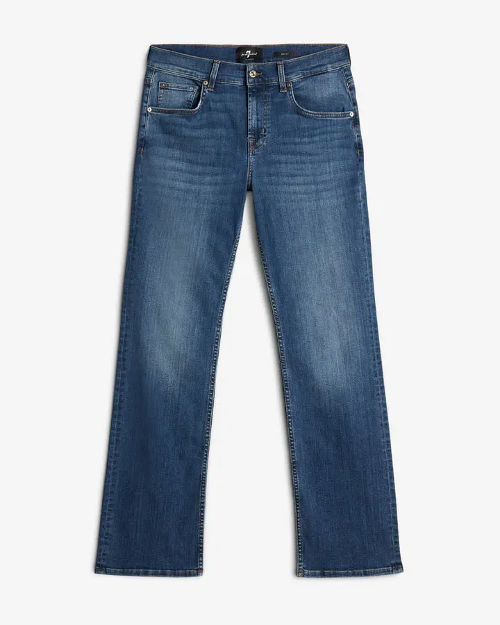 7 For All Mankind Men's The Bootcut Jeans in Faded Indigo Stretch Cotton Denim with Signature Squiggle Embroidery, Pants, Pocket, Men's Stuff, Bootcut Cut, Polyester, Menswear, 7S Pants, Bootcut Men's Jeans