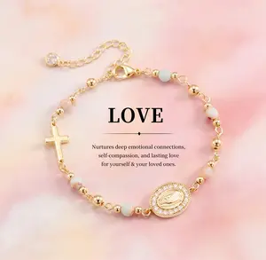 Tewiky Gemstone Beaded Bracelet with Serpentine Stone, White Turquoise & Pink Zebra Jasper Beads, Virgin Mary/Cross Coin Charm – Health, Energy & Love Faith Jewelry Gift for Women & Men For Mother's Day tiktokshopspringglowup summerwins