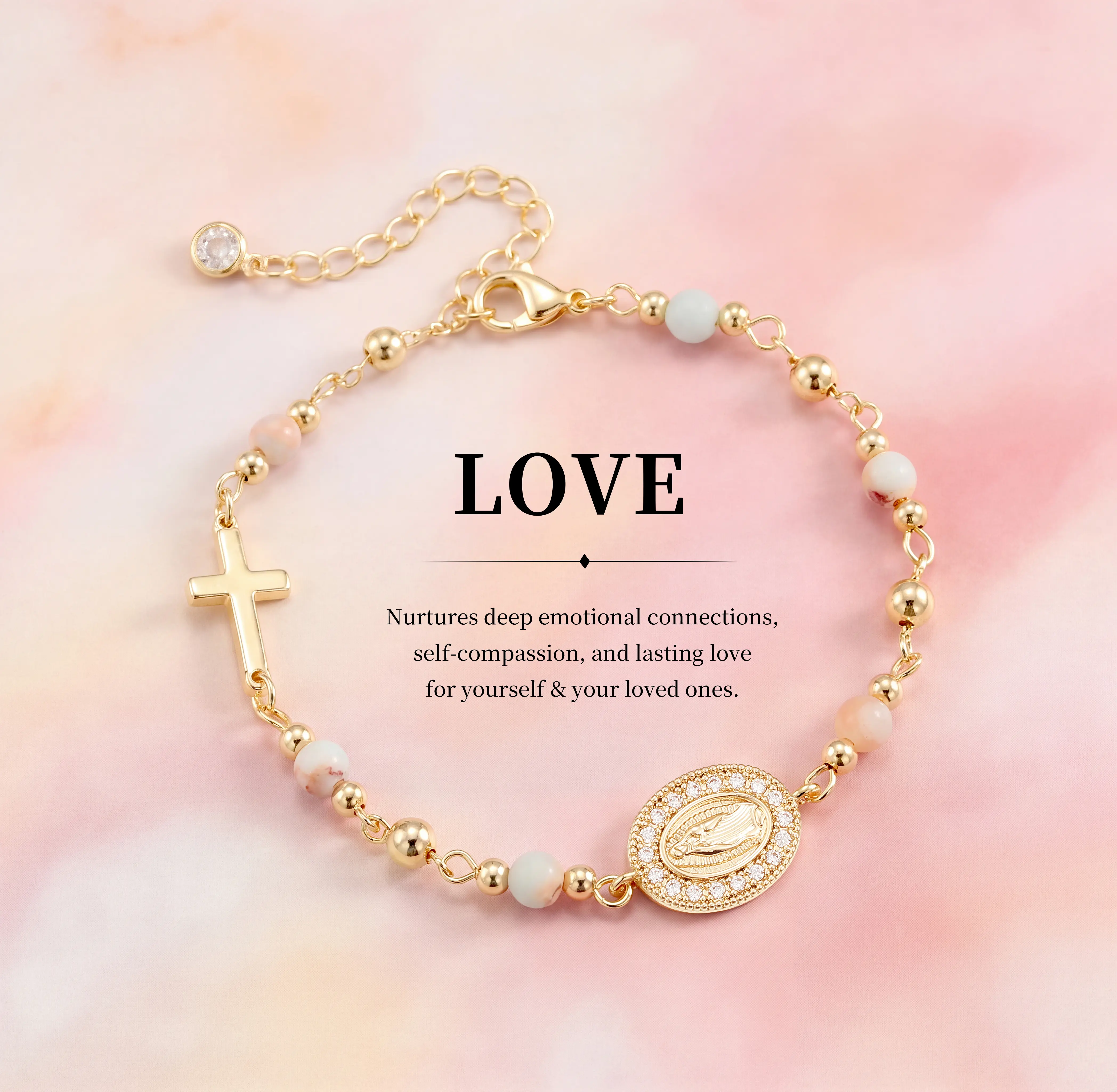 TEWIKY Charm Bracelet for Women with Natural White Turquoise & Pink Zebra Jasper, 14kt Gold-Plated High Quality Beaded Stretch Jewelry, Virgin Mary Religious Gift, High Quality Bracelet, Exquisite Bracelet tiktokshopbacktoschool