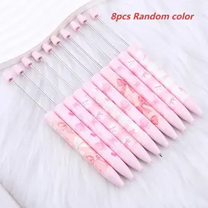 8pcs Series Beaded Ballpoint Pens, Bow Heart Print DIY Pens, Gift for Friends Family, Rotating Hidden Core, Office Writing Supplies, Office School Supplies