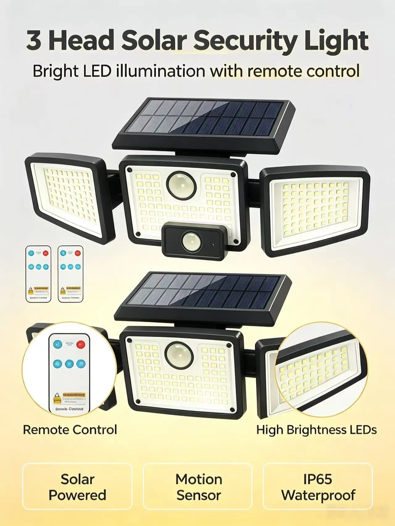 2-Pack 3-Head Solar Outdoor LED Security Lights,2500LM Motion Sensor Spotlights, 270° Wide-Angle, IP65 Waterproof for Garage, LED SolarOutdoor Fixtures, Led Lights, Solar Outdoor Lights