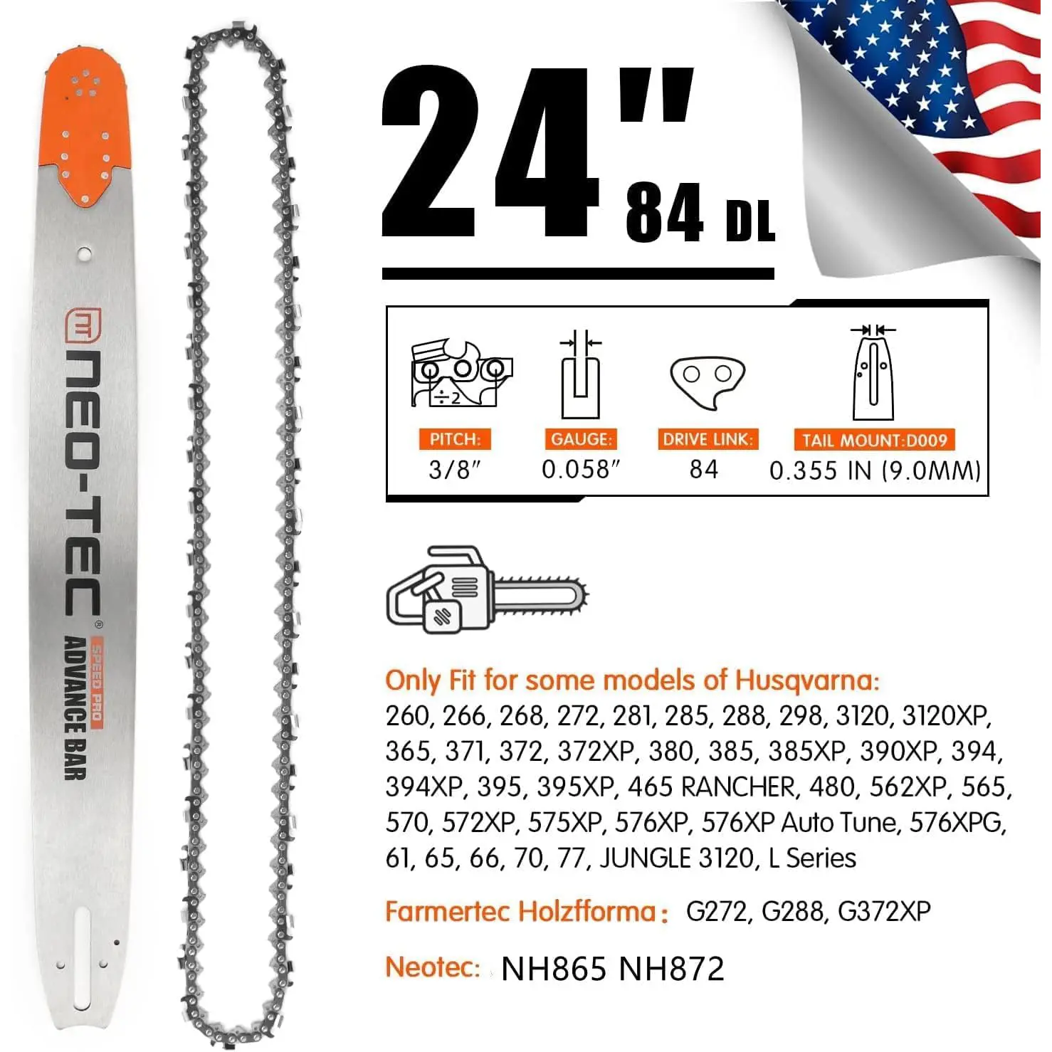 NEO-TEC 24-Inch Rivetquick Nose Laminated Chainsaw Guide Bar & Saw Chain Combo, 3/8 Pitch, 0.058 Gauge, 84DL, Compatible with Oregon 248RNDD009, Husqvarna 372XP, G372XP, NH872, Gas Chainsaw