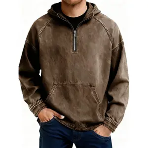 100% Cotton Casual Retro American Style Distressed Washed Loose Pure Cotton Quarter-Zip Hoodie for Men