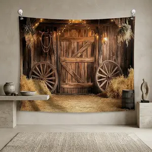 2D Flat, 1pc Western Barn Backdrop Banner, Indoor Backdrops, Rustic Farm Party Decor with Wooden Doors, Hay Bales, Wagon Wheels, Durable Polyester Photography Background for Birthday, Cowboy Party Decorations, No Electricity Needed, Easy Setup