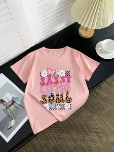 Girl's Floral & Letter Print Round Neck Tee, Casual Short Sleeve Crew Neck T-Shirt for Summer, Kids Clothes for Daily Wear, Graphic Print Tee, Cartoon Print Tee