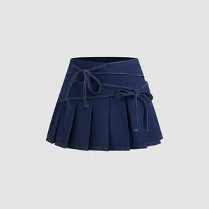 Women's Denim Mid-Rise Bowknot Pleated Micro Mini Skirt (Size 0-10)