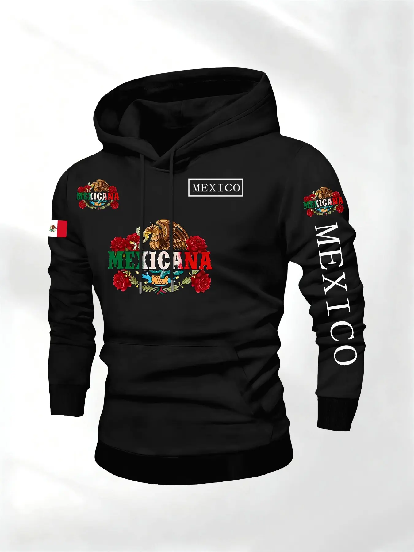 Men's Mexican Eagle & Rose Print Long Sleeve Hoodie, Graphic Hoodie, Aesthetic Hoodie, Floral Sweatshirts, Floral Hoodies, Fall Winter Casual Streetwear, Fashion Daily Wear, Loose Fit H-Type