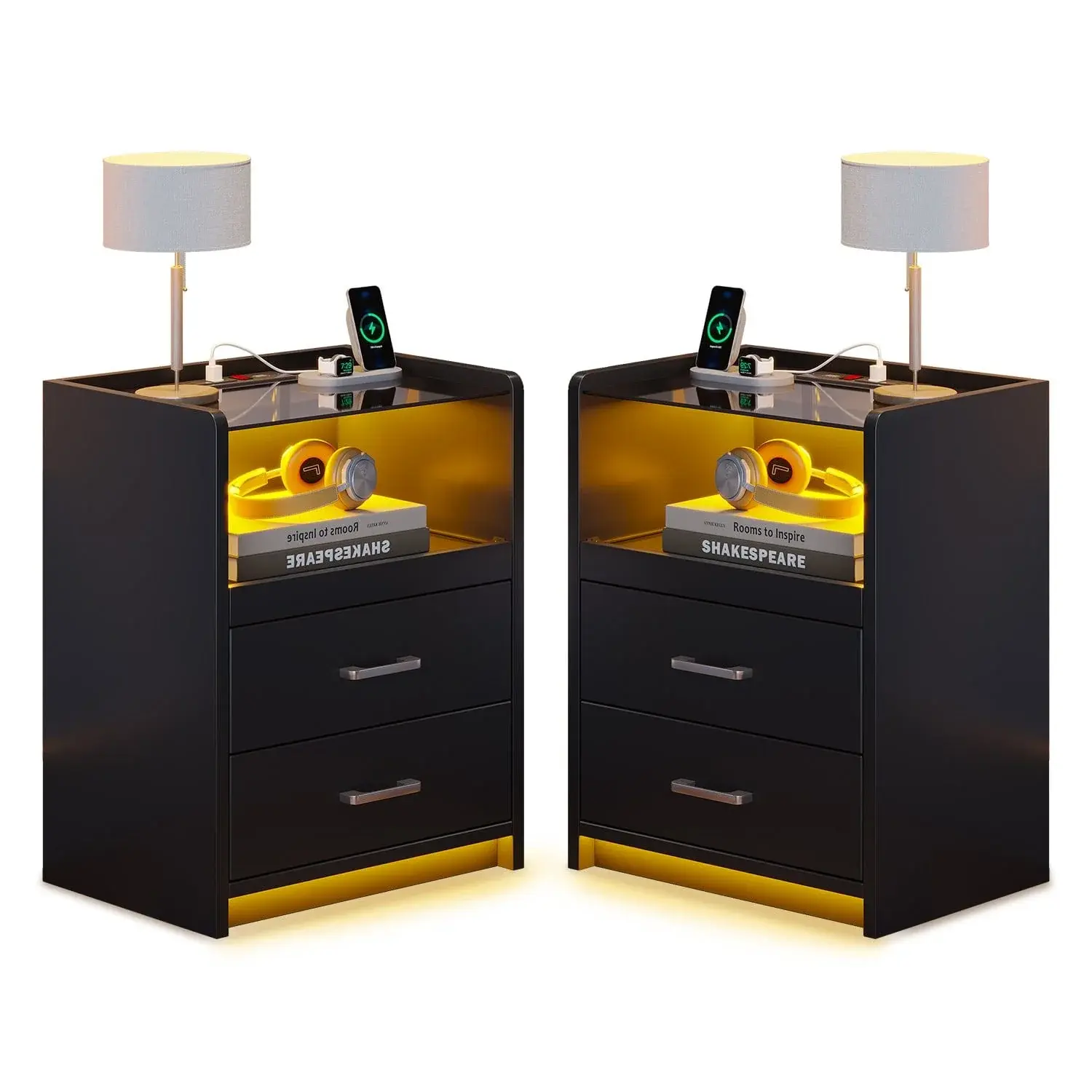 2 Pack LED Nightstand with 2 Storage Drawers Black