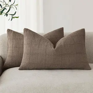Set of 2 Decorative Check Throw Pillow Covers Neutral Farmhouse Lumbar Cushion Covers Boho Home Decor for Sofa Chair Couch Bedroom Living Room,12*20 Inch,Taupe Grey