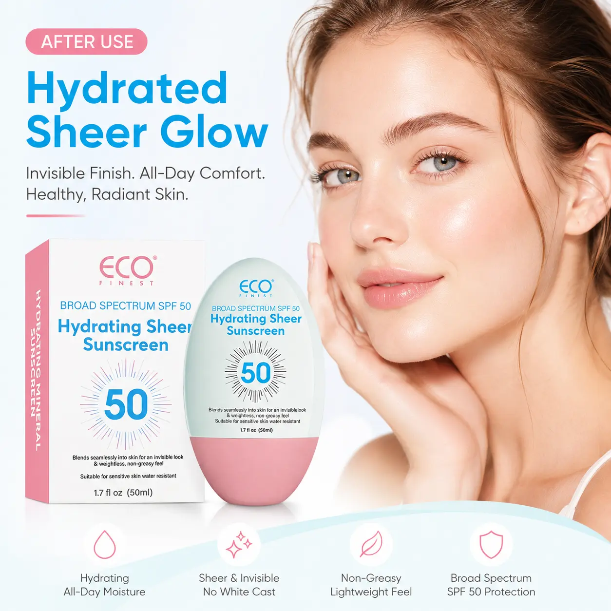 ECO FINEST Hydrating Sheer Facial Sunscreen SPF50 PA+++ 50ml - Lightweight, Matte, No White Cast, Makeup Primer, Smooth, Flawless Daily UV Defense Cleanser for Sensitive Skin