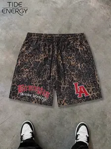 Men's Loose Leopard Print Shorts, Casual Streetwear Shorts, Birmingham & La Badges, Trendy Casual Street Style, Comfortable Summer Wear