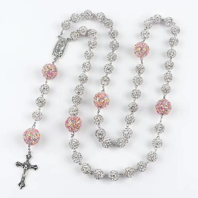 Rosary Necklace, Vibrant Multicolor Crystal Bead Catholic Jewelry for Men and Women with a Jesus Crucifix Pendant and Virgin Mary Charm, Accessories, Cross Crystal Charm Necklaces, Cross Design Pendant, Crucifix Necklaces