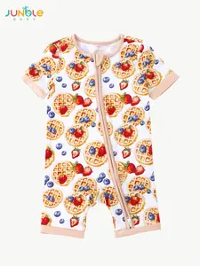 JUNBLEBABY Jumble Baby Bamboo Fiber Double Zipper Strawberry Waffle Cake Printed Soft Zipper Baby Clothes Short-Sleeved One-Piece Play Suit