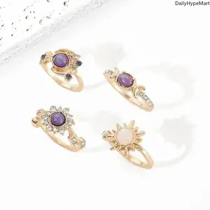 Women's Sun & Moon Gemstone Stacking Ring Set - Celestial Geometric Motifs, Sparkling Crystal Accents, Stackable, Lightweight for Daily Wear & Gifting